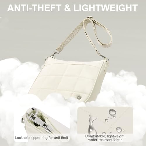 Anti Theft Crossbody Bags for Women,Quilted Puffer Travel Purses Shoulder Hobo Bag Handbag with Guitar Strap - color: Beige