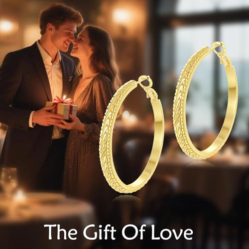 14K Gold Texture Earrings, 37/42mm Gold Hoop Earrings Classic Round Hoop Earring for Women Gold Jewelry Gift for Women - style: Texture Earrings-42mm
