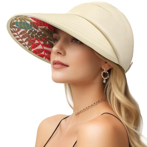 Sun Hats for Women, Wide Brim Beach Hats UV Protection, Packable Visor Ponytail Sunhat for Summer - color: Beige