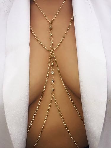 14K Gold Plated Sexy Body Chains for Women, Layered Rhinestone Crossover Bikini Bra Body Jewelry, Summer Beach Crystal Belly Waist Chain - style: 8 Diamonds(Gold)