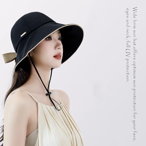 Wide Brim Hats for Woman Foldable Hats Sun Hats for Women uv Protection Bowknot Bucket hat Adjustable hat with Ponytail Hole - color: Black