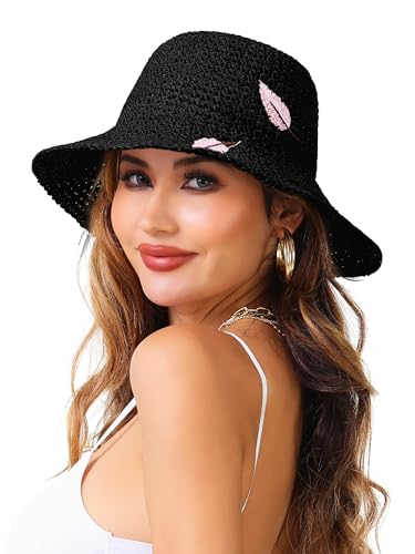 LA CARRIE Womens Sun Hat Floppy Packable Wide Brim UV Protection UPF 50+ Straw Hat with Embroidery for Summer Beach - color: Black
