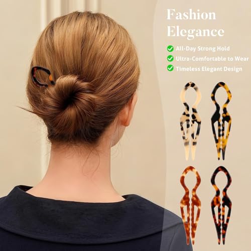 4PCS Prestige French Hair Pins for Women - 4.33” Large Tortoise Shell Hair Pin for Updos Chignons & Buns-Acetate French Twist Pin, Strong Hold Hair Clips All-Day, Hair Styling for Thick Hair - color: Tortoise Shell-A