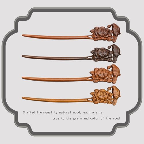 Traditional Chinese Japanese hair sticks, retro wooden hair pins, used for long hair accessories buns, Hanfu Dressing Accessories（Spring’s Melody:Peony Perch） - color: Spring’s Melody:Peony Perch