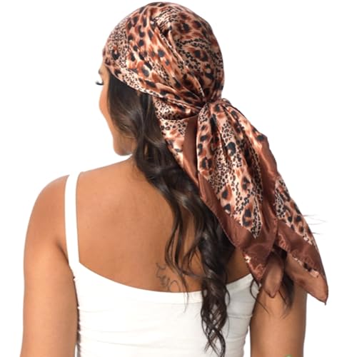 Leopard Print Head Scarf for Women Like Silk Satin Scarf for Hair Wrapping at Night Bandana Square Scarf 35 Inches - color: Dark Brown Leopard