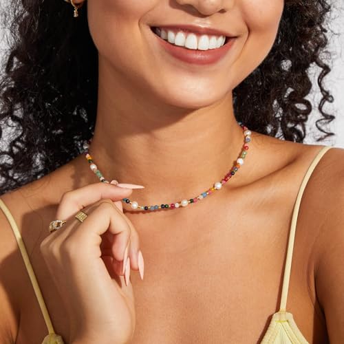 KissYan Beaded Choker Necklace for Women, Colorful Natural Gemstones Pearl Choker 14K Gold Plated Pendant Healing Crystal Necklace Handmade Stone Jewelry Gift - color: A-Rainbow