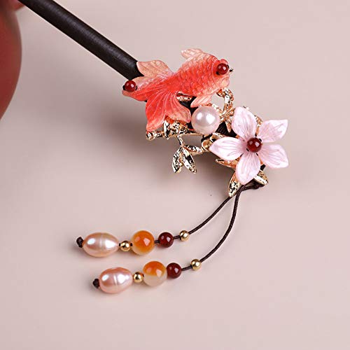 Wooden Hair Pins 7.08" Chinese Goldfish Flower Hair Sticks For Long Hair Buns for Women - color: B