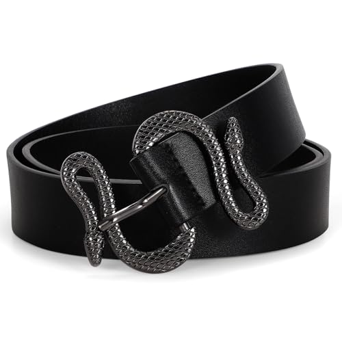 Women Leather Belt with Snake Buckle Fashion Women Belt for Jeans Pants Dresses - color: B-black, size: Fit Size 41"-45"