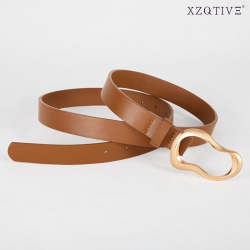 XZQTIVE Leather Belts for Women Casual Fashion Waist Belt for Jeans Pants Dresses with Unique Liquid Shapes Gold Buckle - color: Brown, size: Fit Waist 44-51in
