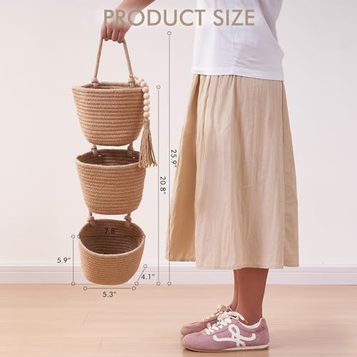 Fabric Wall Hanging Organizers - Small Woven Baskets Pouches Set Boho Style Wall Mounted Bag with Adhesive Hook, Storage Decoration Pocket Caddy for Closet Playroom RV Nursery (Linen & Black) - color: Linen & Black