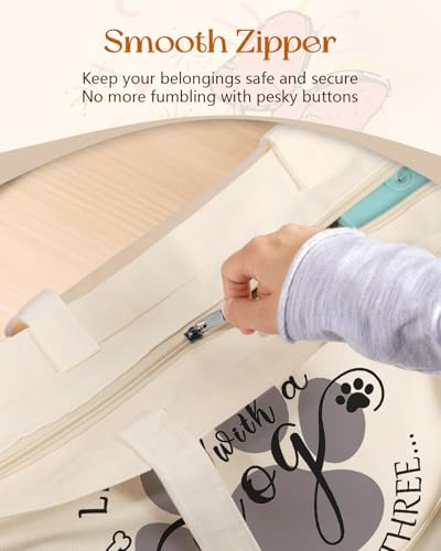Miss Adola Canvas Tote Bag with Zipper – Cute Canvas Bags for Women Aesthetic Design Reusable Totes for Shopping Work Travel - style: Dog Paw