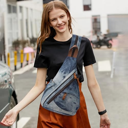 KL928 Canvas Sling Bag - Small Crossbody Backpack Shoulder Casual Daypack Rucksack for Men Women(Blue-white Washed) - color: Canvas-blue-white Washed