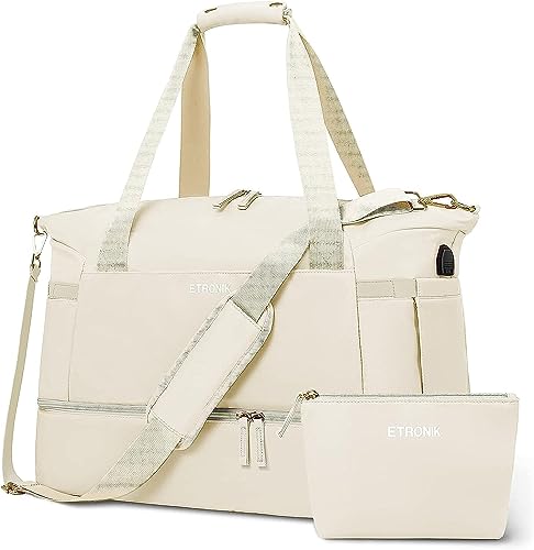 ETRONIK Gym Bag for Women, Personal Item Travel Bag with Shoes Compartment, Weekender Overnight Duffel Bag with Wet Pocket, Carry On Bag for Women, Travel, Gym, Weekend (Beige) - color: Beige, size: Medium