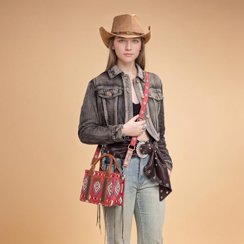 Wrangler Mini Aztec Tote Bag for Women Boho Small Top Handle Purse with Adjustable Strap - color: Boho Burgundy Red