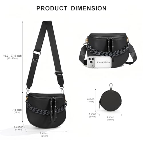 Crossbody Bags for Women, Large Vegan Leather Trendy Bum Bag - color: Black+glossy Black Chain