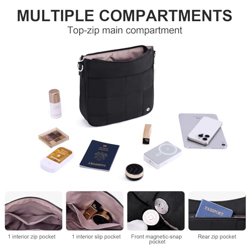 Anti Theft Crossbody Bags for Women,Quilted Puffer Travel Purses Shoulder Hobo Bag Handbag with Guitar Strap - color: Black