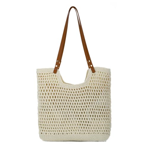 Oweisong Beach Bags for Women Woven Crochet Summer Purse 2026 | Boho Tote Bag, 13.8" Large Capacity, Tote Bag with Zipper, Foldable Packable, Beach Shipping, Vacation Purse - color: Begie