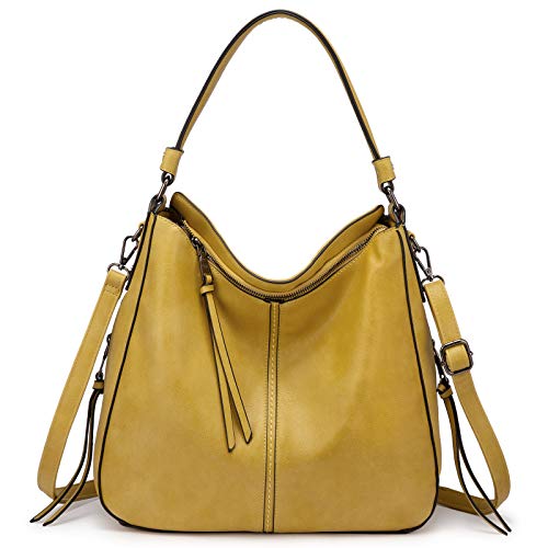 Realer Hobo Crossbody Bags for Women Designer Faux Leather Hobo Handbags Retro Large Size Shoulder Bag Bucket Purse - color: Yellow-gun Black Hardware（15.2"）, size: Large-15.2 inch