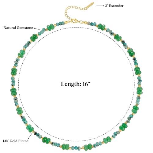 KissYan Beaded Choker Necklace for Women, Colorful Natural Gemstones Pearl Choker 14K Gold Plated Pendant Healing Crystal Necklace Handmade Stone Jewelry Gift - color: R-Green Agate