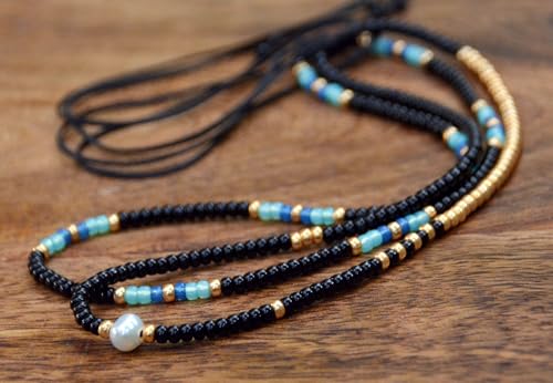 Beaded Choker Necklace for women and Teen Girls, Boho Bohemian Adjustable Colorful Seed Beads Necklace, Handmade Native American Style Jewelry by TRIBES - color: Black multicolor, style: Set of 2 Necklaces