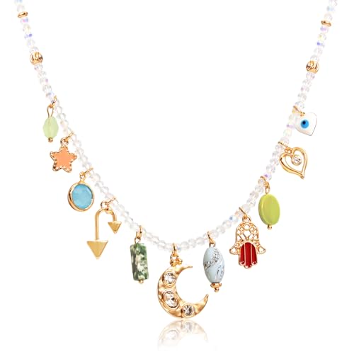 ORIGENCE Sun Heart Necklace for Women 18K Gold Plated Heart Pendant Necklace Chunky Chain Choker Necklaces Hip Hop Charm Necklaces Trendy Unisex Jewelry - style: 11Charm-Glass Bead