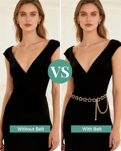 AWAYTR Cute Chain Belts for Women - Metal Waist Chain Belt for Dresses Jeans Country Concert Outfit - color: Gold-star