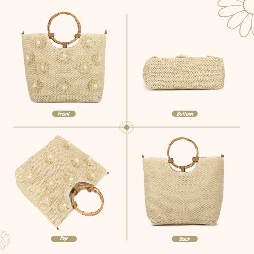 Beach Bags for Women, Summer Beach Woven Bag, Flower Pearls Straw Tote Bag for Summer Vacation - color: Beige