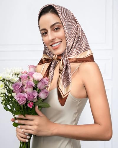 AWAYTR 35” Satin Head Scarf for Women Like Silk Scarf Hair Bandanas Women Large Square Neck Scarf Headscarf Head Wrap - color: Plaid - Brown + Champagne