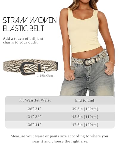 AWAYTR Womens Boho Woven Belt - Easy Care Plastic Elastic Belt with Handmade Raffia Buckle for Daily Vacation Work - color: Black With Beige Stripes, size: Fit Waist 36''-41''