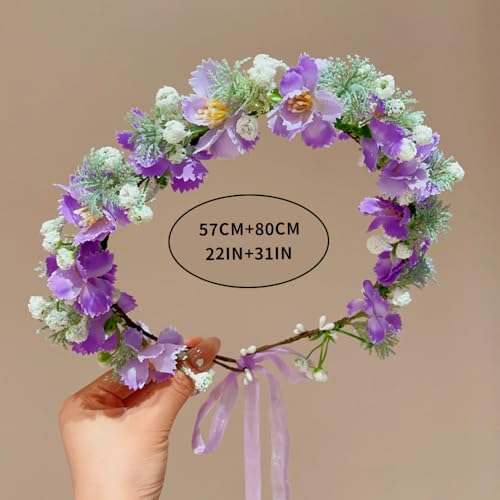 Boho Floral Crown for Women– Adjustable Faux Silk Flower Headband, Handmade Wedding Hair Accessory for Festivals & Photoshoots, Flower Hair Crown for Women (Purple White Flower, Adjustable) - color: Purple White Flower