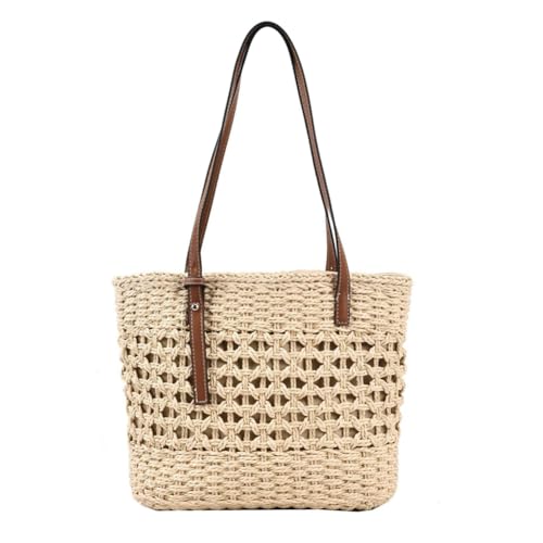 Stylish Boho Straw Tote Bag Hand-woven Purse Beach Handbag Summer Shoulder Bag With Adjustable Strap - color: Ivory