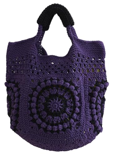 Womens Summer Boho Crochet Beach Tote Bag Handmade Woven Handbag Large Travel Vacation Shopper Straw Purse - color: Purple