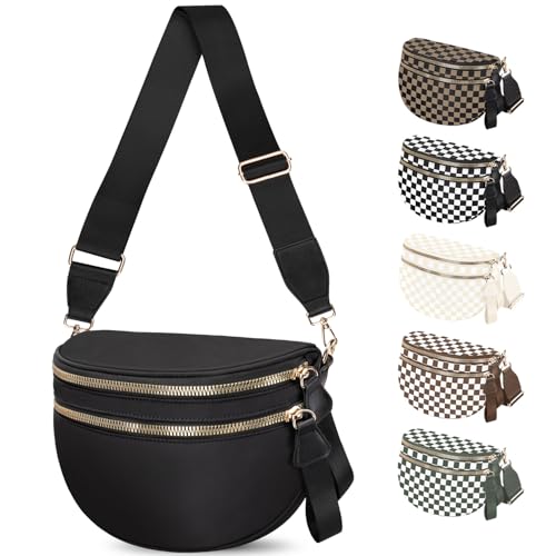 Spacious Nylon Checkered Crossbody Bum Bag for Women, Fashion Checkerboard Fanny Pack Purse with Anti-theft Pocket, Adjustable Wider Strap Wasit Bag - color: Black