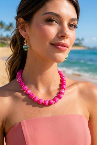 Summer Beach Jewelry Chunky Beaded Necklace for Women Trendy Statement Big Colorful Resin Bead Choker Necklaces Boho Charm Jewelry Cute Gifts for Love - color: Rose Red