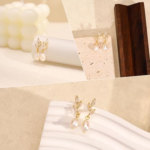 Hayopi Pearl Earrings for Women - Dainty Gold Dangle Drop Earrings, 14k Gold Plated Cute Bow Design, Hypoallergenic Pearl Studs, Wedding Jewelry Gifts - color: GOLD-pearl cz earrings
