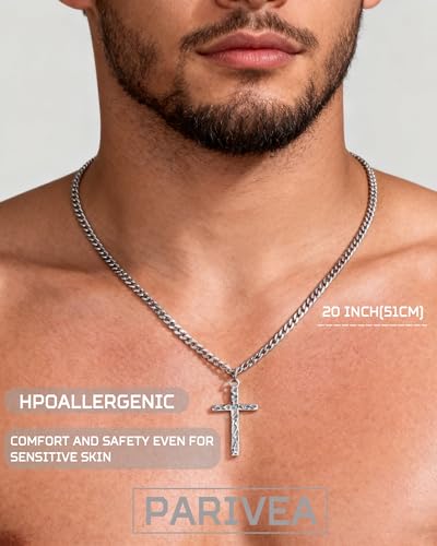 925 Sterling Silver Cross Necklace Men - Oxidized Hammered Cross Pendant with Stainless Steel Cuban Link Curb Chain Vintage Unique Crucifix Necklaces Silver Jewelry for Mens Women 16-30 Inches