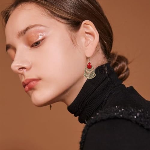 Handmade Teardrop Turquoise Earrings Necklace Set for Women Bohemia Tribal Antique Ethnic Style Earring Delicate Teardrop Gemstone Dangle Drop Statement Earrings Western Jewelry - color: Red Tassel