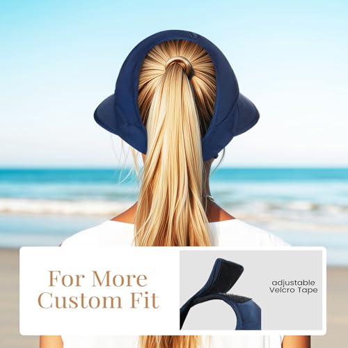 Sun Hats for Women, Wide Brim Beach Hats UV Protection, Packable Visor Ponytail Sunhat for Summer - color: Blue
