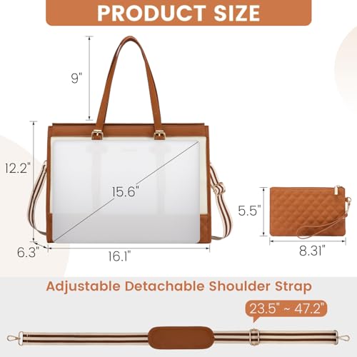 LOVEVOOK Laptop Bag for Women 15.6 inch Canvas Laptop Tote Bag, Large Capacity Work Bag with Clutch Purse, Computer Bag Office Business Briefcase, Casual Handbag for Travel College Teacher School - color: Brown & White, size: 15.6 inch