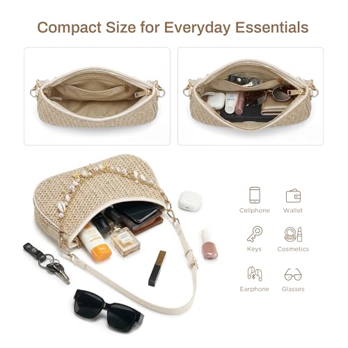CHUNLI Straw Shoulder Bag for Women, Boho Woven Raffia Hobo Purse with Charm Chain, Adjustable Strap Summer Beach Vacation