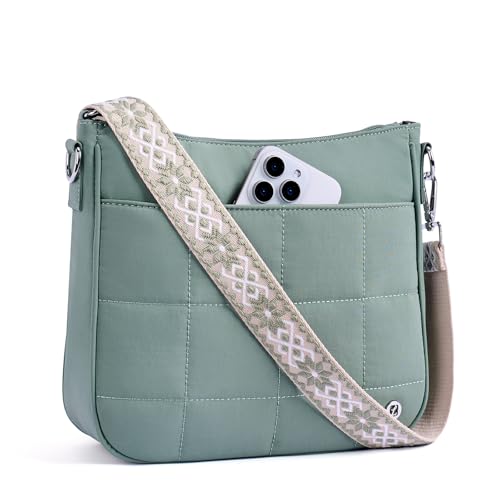 Anti Theft Crossbody Bags for Women,Quilted Puffer Travel Purses Shoulder Hobo Bag Handbag with Guitar Strap - color: Green