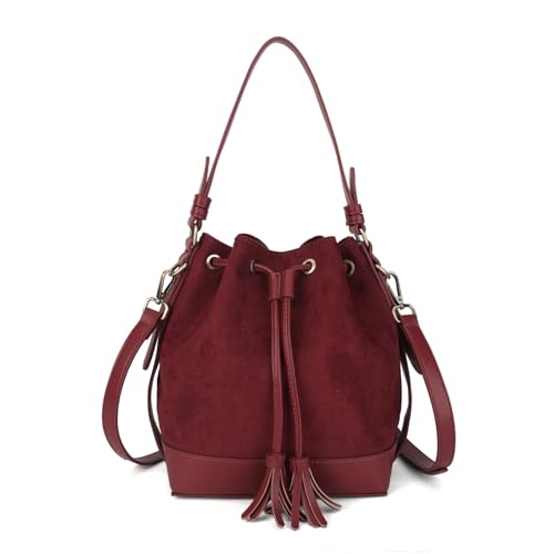 AFKOMST Faux Suede Bucket Bags and Drawstring Crossbody Purse for Women Medium Tote Handbags with 2 Shouder Straps | Fit Pad mini, Long Wallet, Removable Long Strap - color: Burgundy