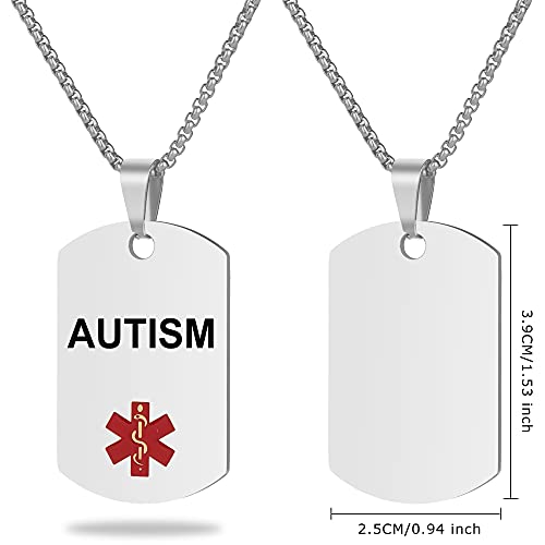 Medical Alert ID Necklace, Laser Engraved Autism, Stainless Steel Tag Pendant with 23.6 inch Chain for Men Women - color: Silver, size: AUTISM