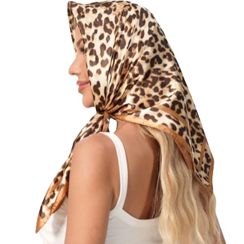 Leopard Print Head Scarf for Women Like Silk Satin Scarf for Hair Wrapping at Night Bandana Square Scarf 35 Inches - color: Coffee Gold