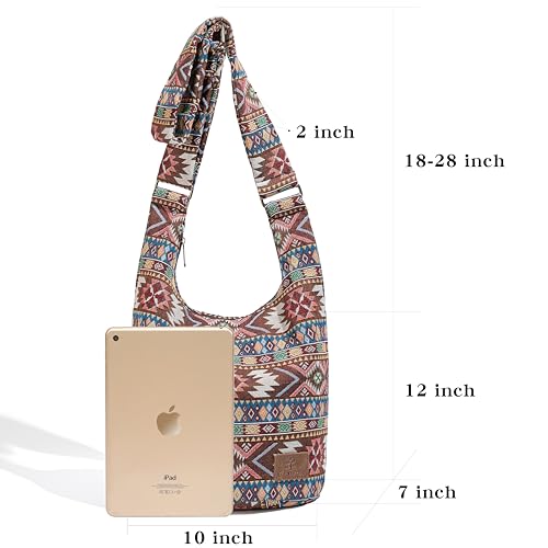 Coton Pose Women Hippie Crossbody Bag - Top Zip Large Capacity Canvas Sling Bag - Jacquard Cloth Handmade - color: Boho Brown