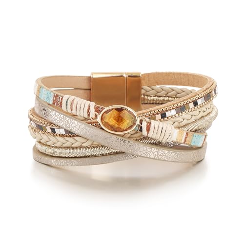 Edoneery Leather Wrap Bracelet for Women, Boho Handmade Multi-Layer Cuff with Crystal Beads Heart, Stackable Bangle Western Jewelry Gift - style: BohoKhaki