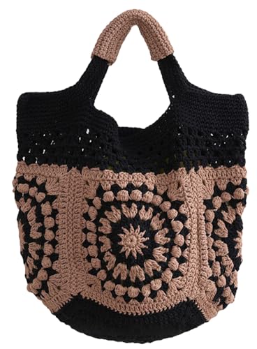 Womens Summer Boho Crochet Beach Tote Bag Handmade Woven Handbag Large Travel Vacation Shopper Straw Purse - color: Black