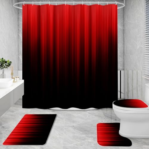 Litabel 4 Pcs Red and Black Gradient Shower Curtain Set with Rugs and Toilet Lid Cover, Modern Simple Waterproof Fabric Bathroom Set, Ombre Stripe Gothic Abstract Bathroom Decor Set Accessories - color: Red