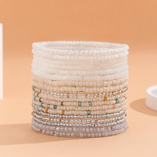 18-20PCS Colorful Bohemia Seed Beaded Bracelets Set Stackable Boho Stretch Bangle Bracelets Multilayer Boho Anket Concert Summer Beach Vaction Surf Jewelry Accessory - color: White-18pcs