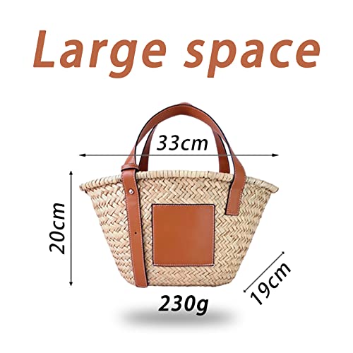 Straw Basket Tote Bag for Women PU Leather Strap Hollow Woven Top Handle Straw Purses and Handbags - color: Brown-12in-small